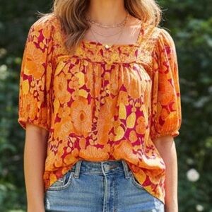 Rose + Olive Boho Floral Blouse XL | Orange Pink Yellow Puff Sleeve Top